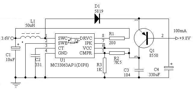 MC34063做3.6V电转9V电路图
