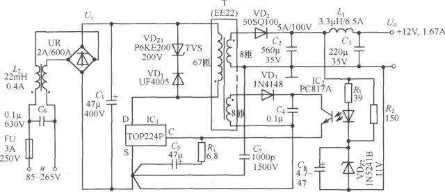 TOP224P构成的12V、20W开关直流稳压电源电路